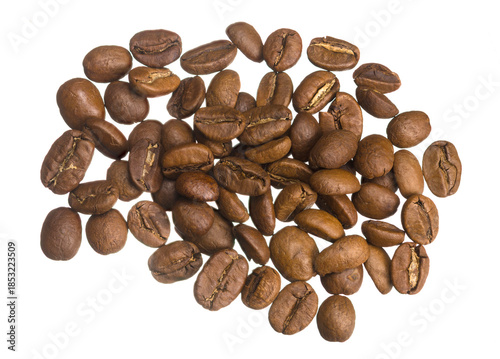 Closeup of roasted coffee beans on white background with detailed texture and natural color.
