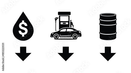 Modern Black and White Icons Illustrating Fuel Price Challenges: Dollar Drop, Gas Pump, and Oil Barrel Silhouettes