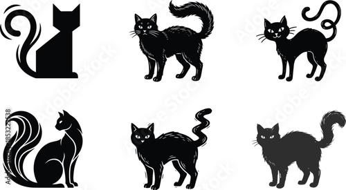 Black cat silhouette illustration set spooky halloween feline icons vector collection