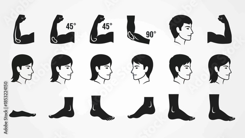 Human body parts silhouettes arms faces feet demonstrating angles