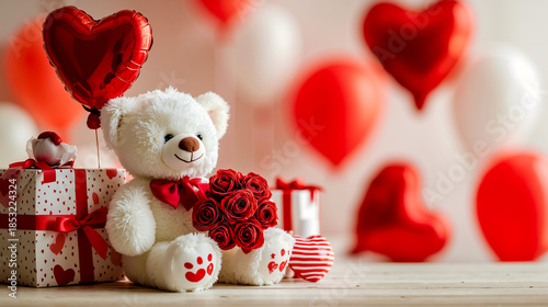 A white teddy bear holding a bouquet of red roses sitting in front of a gift box with a heart on it