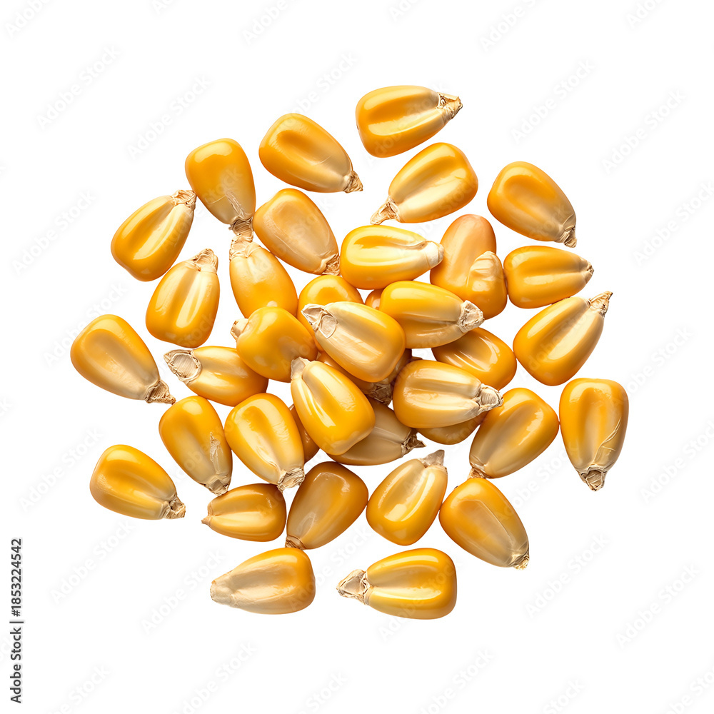 Fototapeta premium Dry Yellow Corn Kernels Piled White Top View Isolated on transparent background, png