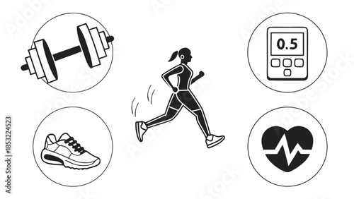 “fitness gym line icons, dumbbell, workout, yoga, running, heart rate, clean minimal SVG, monochrome, professional sports icon set”
