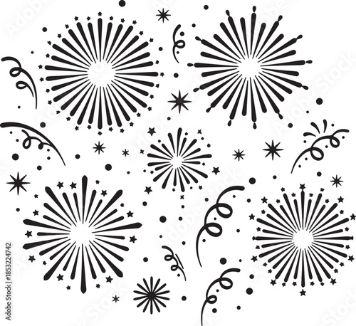 Festive black and white featuring a dynamic arrangement of stylized fireworks bursts confetti streamers and scattered stars creating a Happy new Year Merry Christmas also transparent background