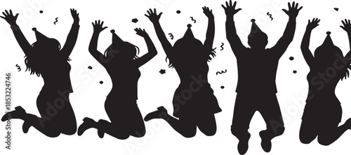 Black and white silhouettes of five people jumping in the air wearing party hats and surrounded by confetti creating an energetic and joyful Happy new Year Merry Christmas also transparent background