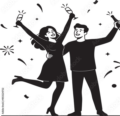 A happy couple toasting with champagne and beer bottles surrounded by confetti and stars a joyful depiction of celebration and romantic Happy new Year Merry Christmas also transparent background