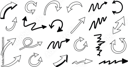 Collection of hand drawn black arrows on white background for directional indicators