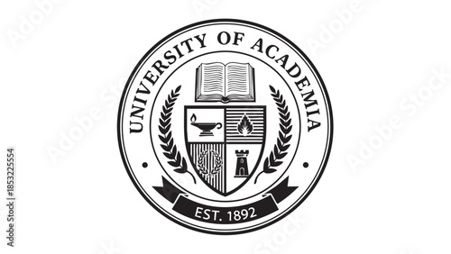 University of Academia Emblem with Open Book and Laurel Wreaths Keywords: university emblem