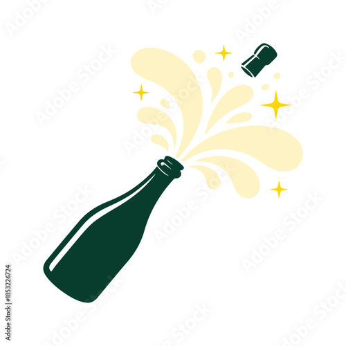 Champagne bottle popping cork and splash explosion vector on isolated background.