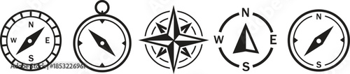 Set of diverse compass rose and navigational symbols vector illustrations. Black and white line art icons for direction, travel, exploration, and maritime design