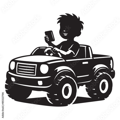 Smiling child driving toy car while holding phone happily