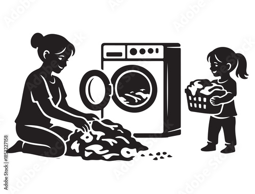 Mother and child doing laundry together learning helpful household routines