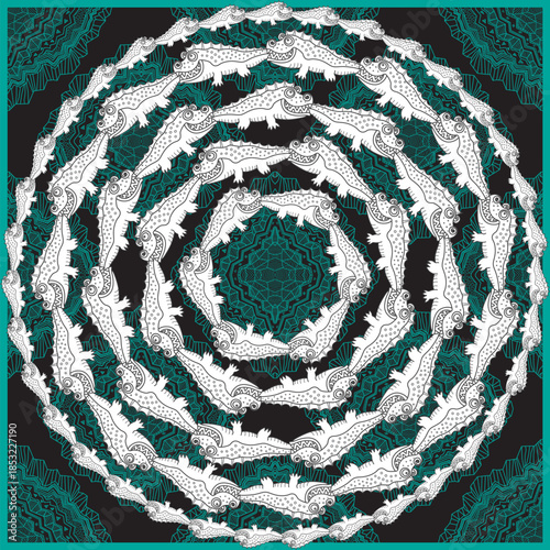 Vector scarf print of black and white crocodiles on a green ornate geometrical background