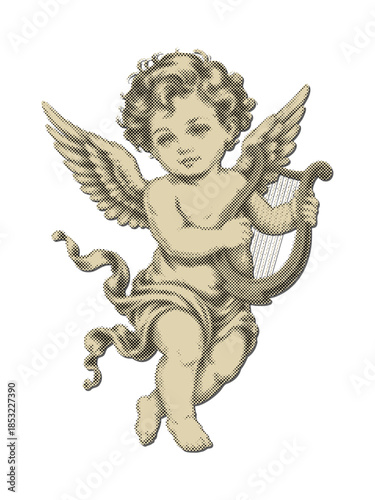 Cupid halftone art collage cut outs with vintage dotted texture modern retro vector illustration on transparent background