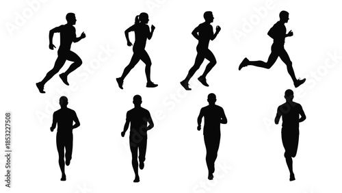 Silhouettes of runners in various poses. silhouettes of people run different poses