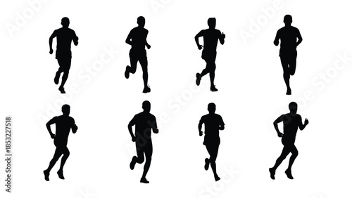 Silhouettes of runners in various poses. silhouettes of people run different poses