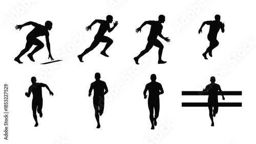 Silhouettes of runners in various poses. silhouettes of people run different poses