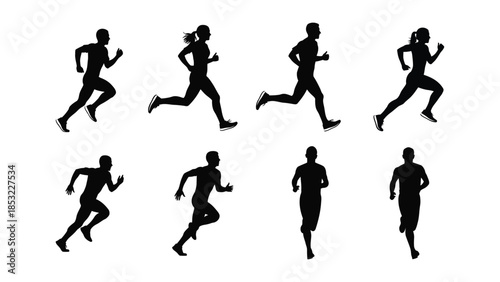 Silhouettes of runners in various poses. silhouettes of people run different poses