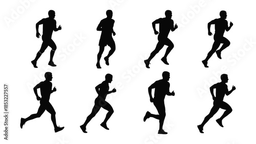 Silhouettes of runners in various poses. silhouettes of people run different poses