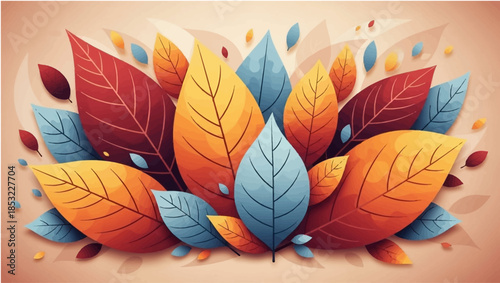 Vibrant autumn leaves in shades of red, orange, and blue arranged artistically