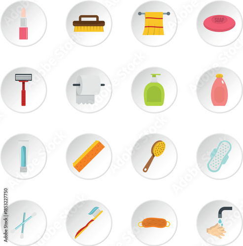 Hygiene tools icons set in flat style