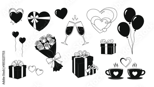 Happy Valentine's day celebration gifts and symbols. Valentine's day gift illustrations. Assorted heart and gift illustrations
