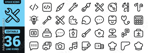 A collection of various outlined icons representing technology creativity tools and everyday objects in a grid layout