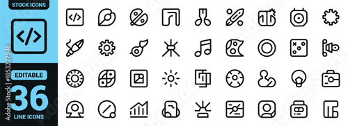 A collection of minimalist line icons representing diverse concepts such as technology creativity and daily life