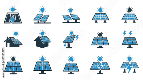 Collection of colorful flat design icons depicting various solar panel installations