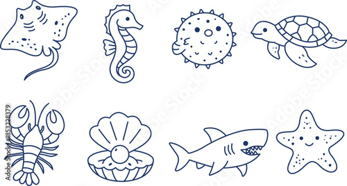 Set of 8 sea creatures. Skat, seahorse, pufferfish, turtle, lobster, pearl, shark, sea star. Line icons on white background. 