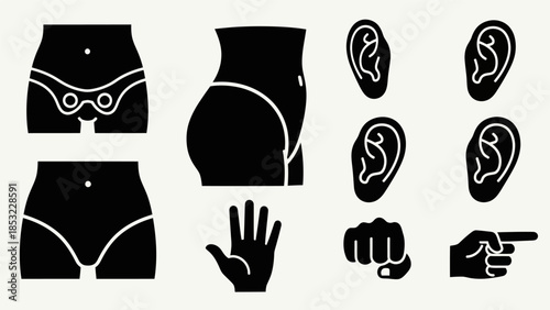 Human body parts silhouettes pelvis ears hand fist pointer