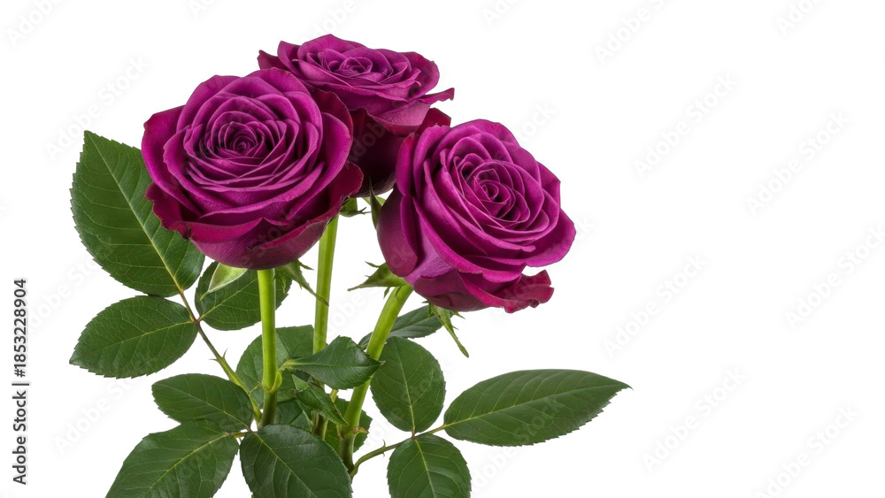 Fototapeta premium Three Purple Roses Bouquet Isolated on Transparent Background PNG