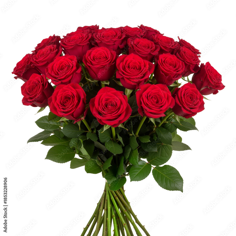 Obraz premium Crimson Whispers in Full Bloom: A Lush Bouquet of Velvet Roses Radiating Romance, Elegance, and Timeless Devotion Against a Pure White Silence