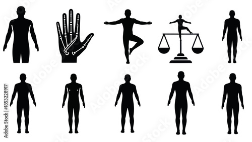 Human body silhouettes demonstrating health balance and anatomy