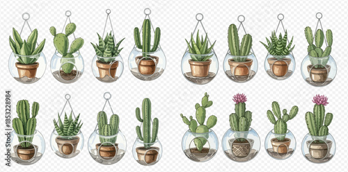 Watercolor collection of various cacti and succulents in hanging glass terrariums, perfect for home decor.