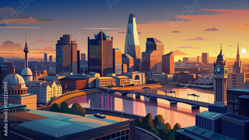 Very beautiful aerial sunset cityscape of London with the River Thames flowing through the modern urban environment, featuring iconic skyline elements and warm evening light.