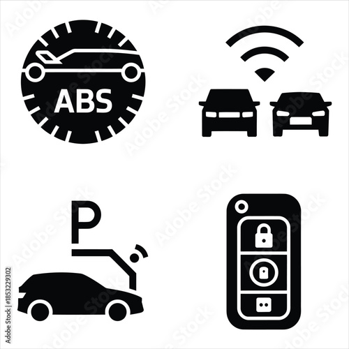 Four essential car safety and technology features shown as black silhouette icons on white