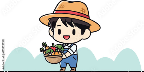 Happy farmer boy holding fresh vegetables in basket outdoors