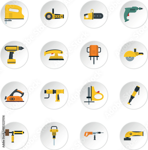 Electric tools icons set in flat style