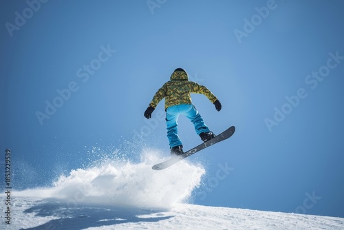 Snowboarder in mid-air performing a jump, viewed from behind on a snowy mountain slope. Dynamic action shot capturing freestyle snowboarding, winter sports excitement, and adrenaline rush