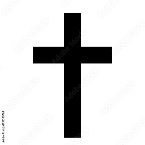 Simple black Christian cross icon on white background, religious faith symbol for worship and spirituality