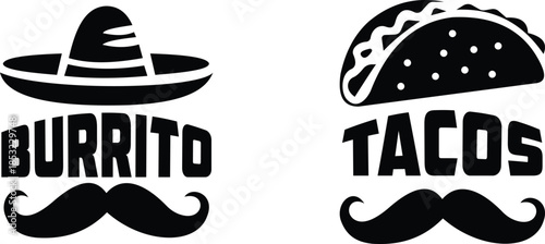 Burrito and tacos mexican food logos with sombrero and mustache