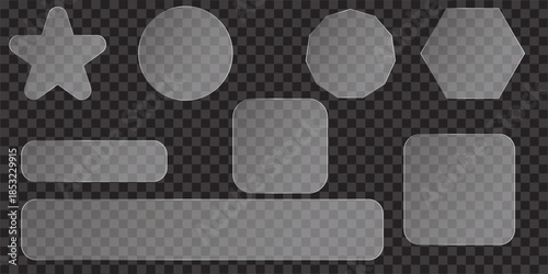 Shiny clear glass elements in multiple shapes showcasing transparency ideal for user interface graphics. Control center widget for smartphone and web app, vector illustration.