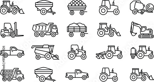 Agricultural machinery icon set illustration, farm tractors, harvesters, trailers, trucks, loaders, modern outline vector collection for farming, rural transport, agriculture equipment design