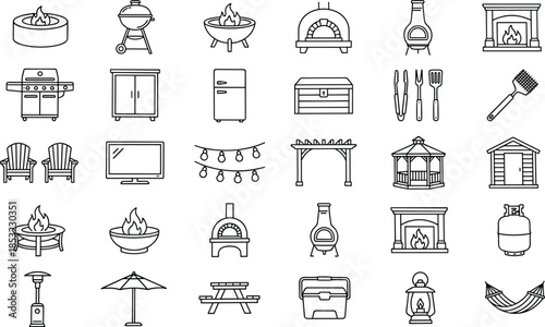 Outdoor patio and backyard living icon set illustration, barbecue grills, fire pits, furniture, lighting, garden structures, modern outline vector collection for exterior design