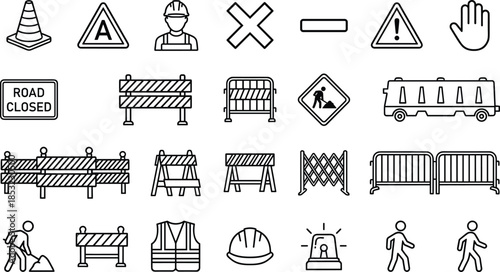 Road work and construction safety icon set illustration, traffic warning signs, barriers, cones, workers, helmets, modern outline vector collection for road safety design