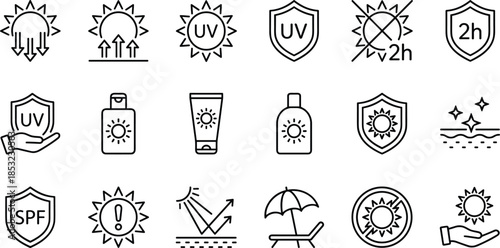 Sun protection and UV safety icon set illustration, sunscreen bottles, SPF shields, ultraviolet warning symbols, beach protection elements, modern outline vector collection