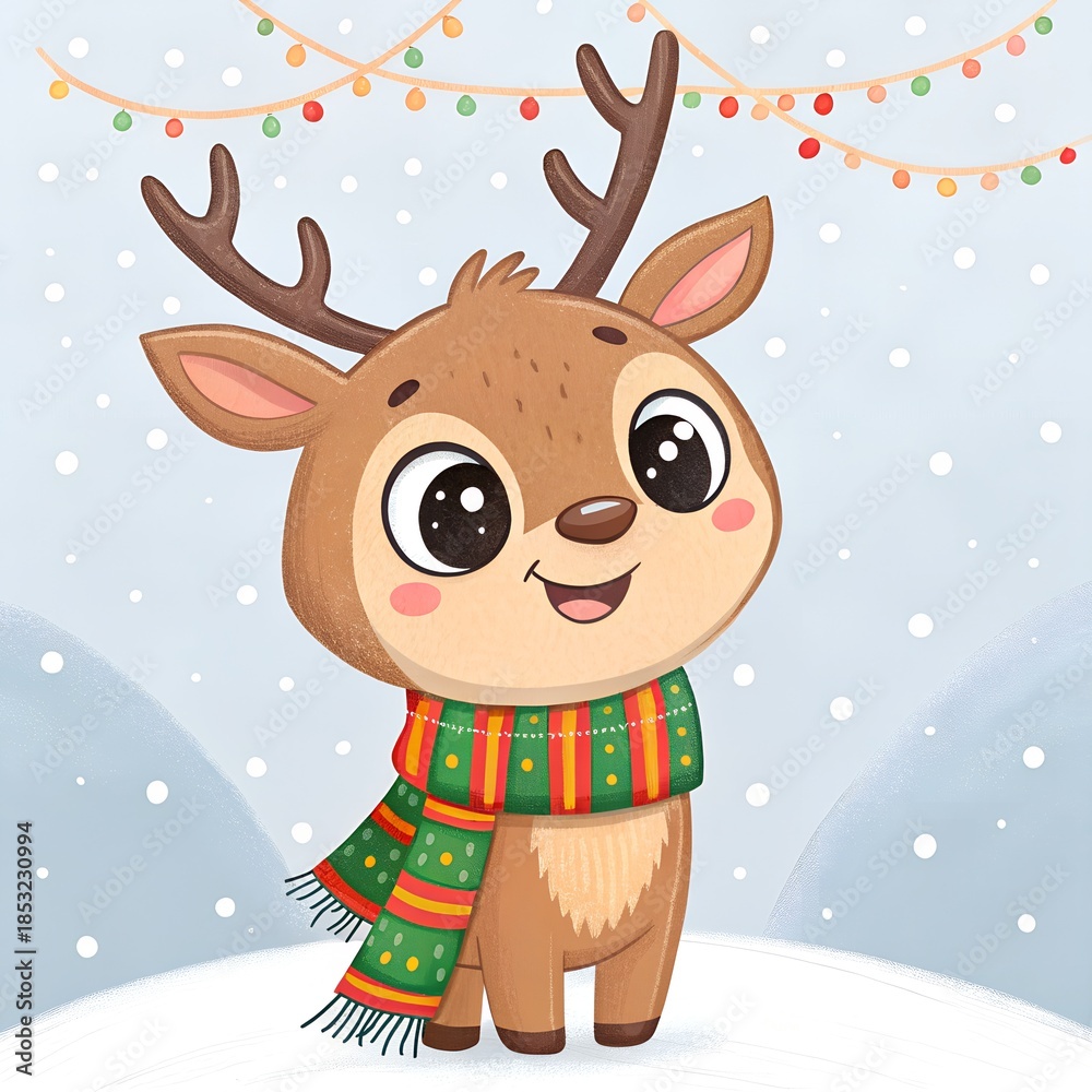 Fototapeta premium Smiling reindeer wearing a Christmas scarf, kawaii illustration style, bright festive colors