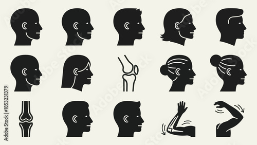 Human head profiles and body parts in graphic vector design