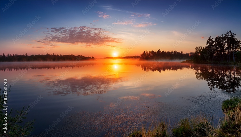 Fototapeta premium Stunning Sunrise Reflection Over Calm Water High Resolution Picture